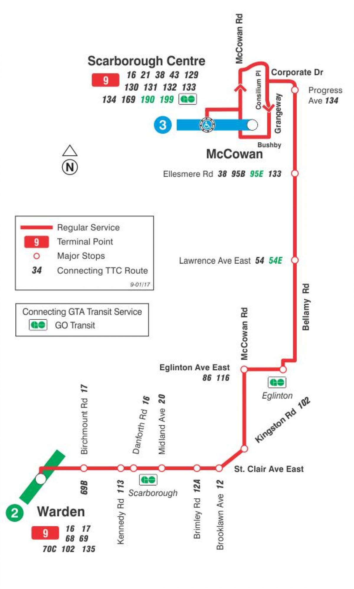 Mapa TTC 9 Bellamy autobusnu rutu Torontu