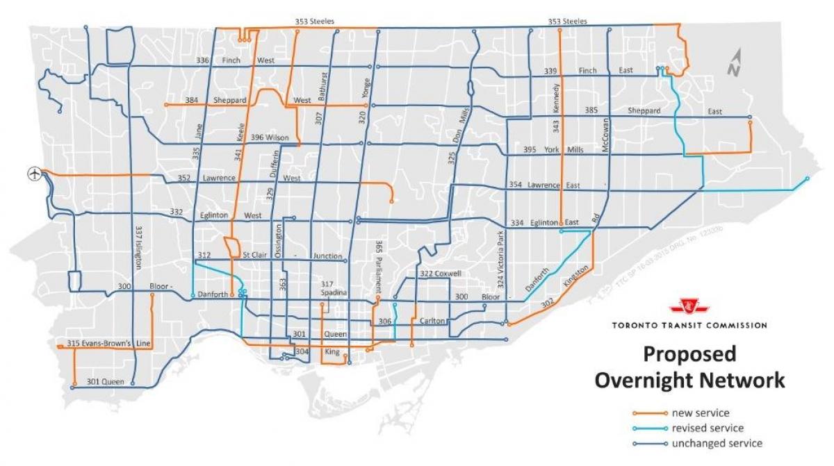 Mapa TTC preko noći mreže Torontu