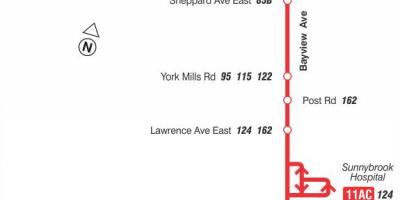 Mapa TTC 11 Bayview autobusnu rutu Torontu