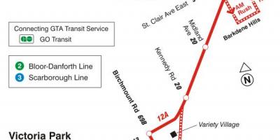 Mapa TTC 12 Kingston Rd autobusnu rutu Torontu