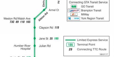 Mapa TTC 186 Wilson Raketa autobusnu rutu Torontu