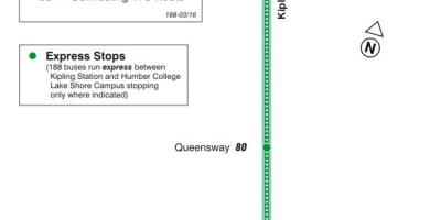 Mapa TTC 188 Kipling Južno Raketa autobusnu rutu Torontu