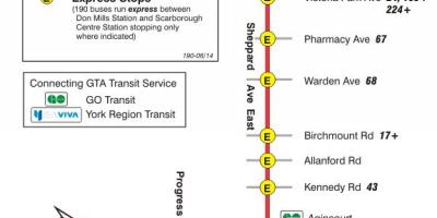 Mapa TTC 190 Scarborough Centar Raketa autobusnu rutu Torontu