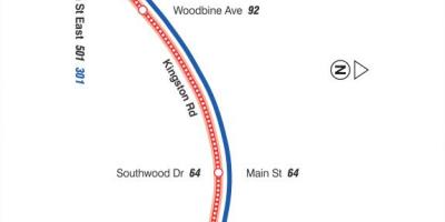 Mapa TTC 22 Coxwell autobusnu rutu Torontu
