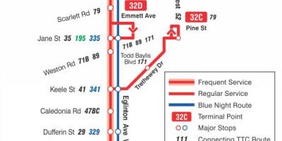Mapa TTC 32 Eglinton Zapad autobusnu rutu Torontu