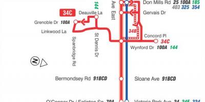 Mapa TTC 34 Eglinton Istoku autobusnu rutu Torontu
