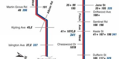 Mapa TTC 36 Finch Zapad autobusnu rutu Torontu