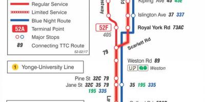 Mapa TTC 52 Lawrence Zapad autobusnu rutu Torontu