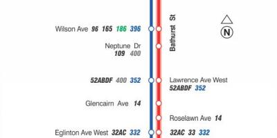 Mapa TTC 7 Bathurst autobusnu rutu Torontu